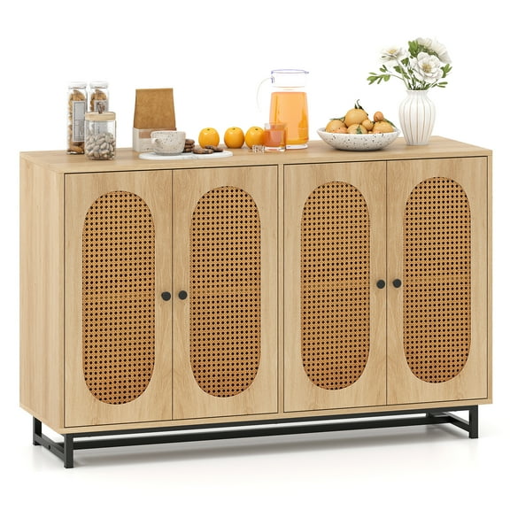 Topbuy Sideboard Buffet Cabinet 50" Rattan Coffee Bar Cabinet with 4 Doors and Adjustable Shelves
