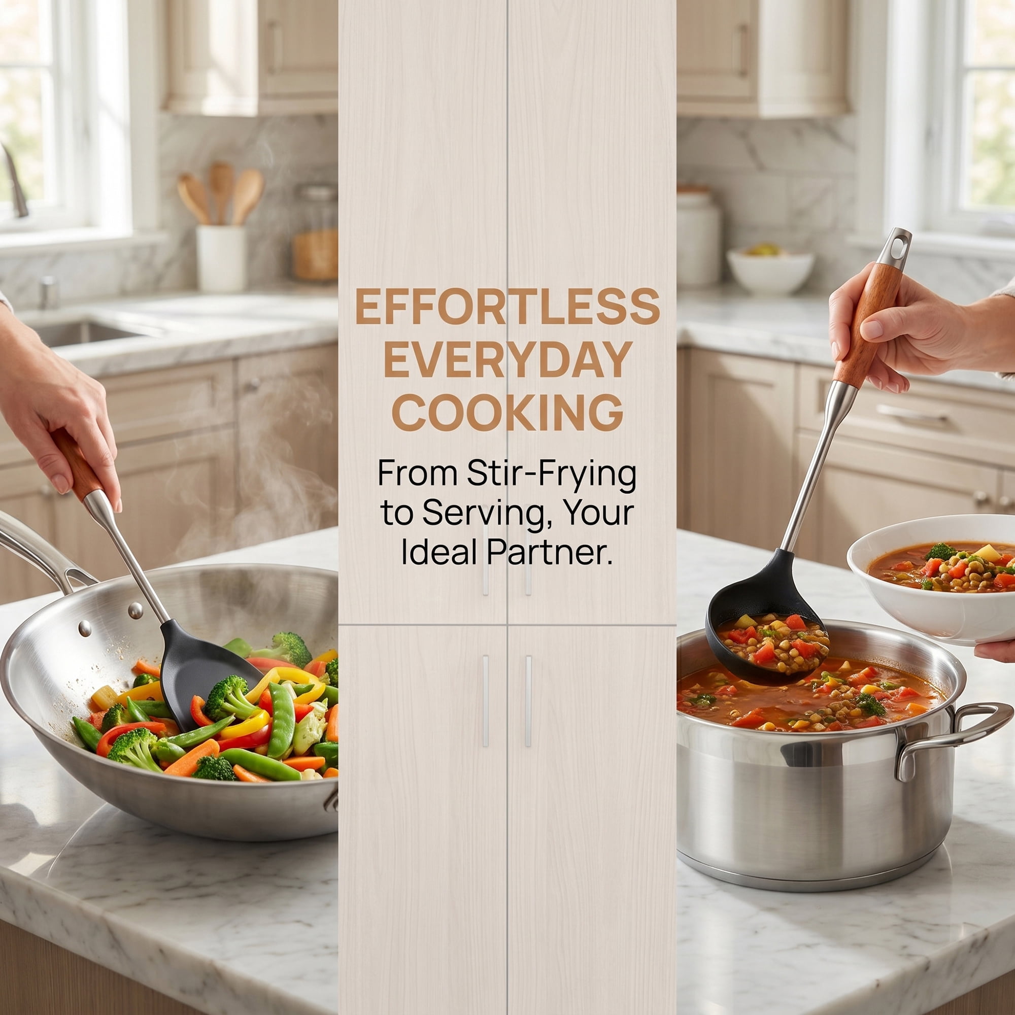 Unique Bargains Cooking Utensil Set, Stainless Steel Kitchen Utensils Black-Brown 4pcs
