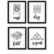 Modern 5th - Laundry Room Signs (Set of 4 Unframed - 8 x 10 Inches), Wash Dry Fold Repeat, Typography Wall Art Decor Prints, Black and White Print Unframed