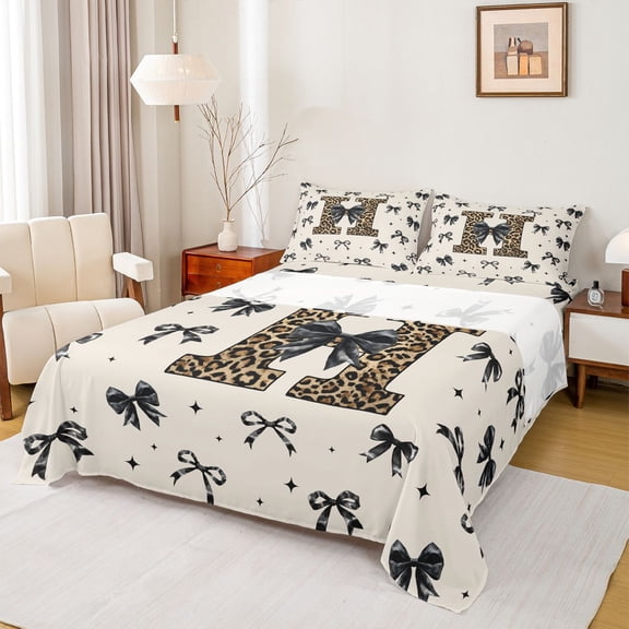 Feelyou Fashion Initial H Twin Sheet Sets, Bow Cheetah Leopard Print Bedding, 3pcs