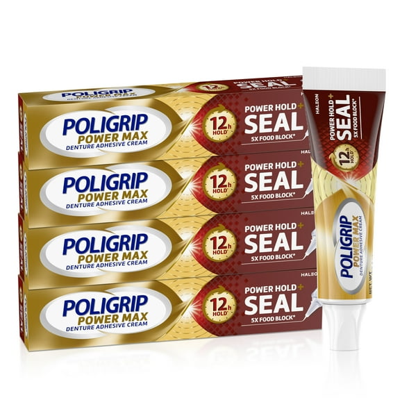 Poligrip Power Hold Seal Denture Cream and Adhesive Cream, Unflavored - 2.2 Oz (4 Pack)