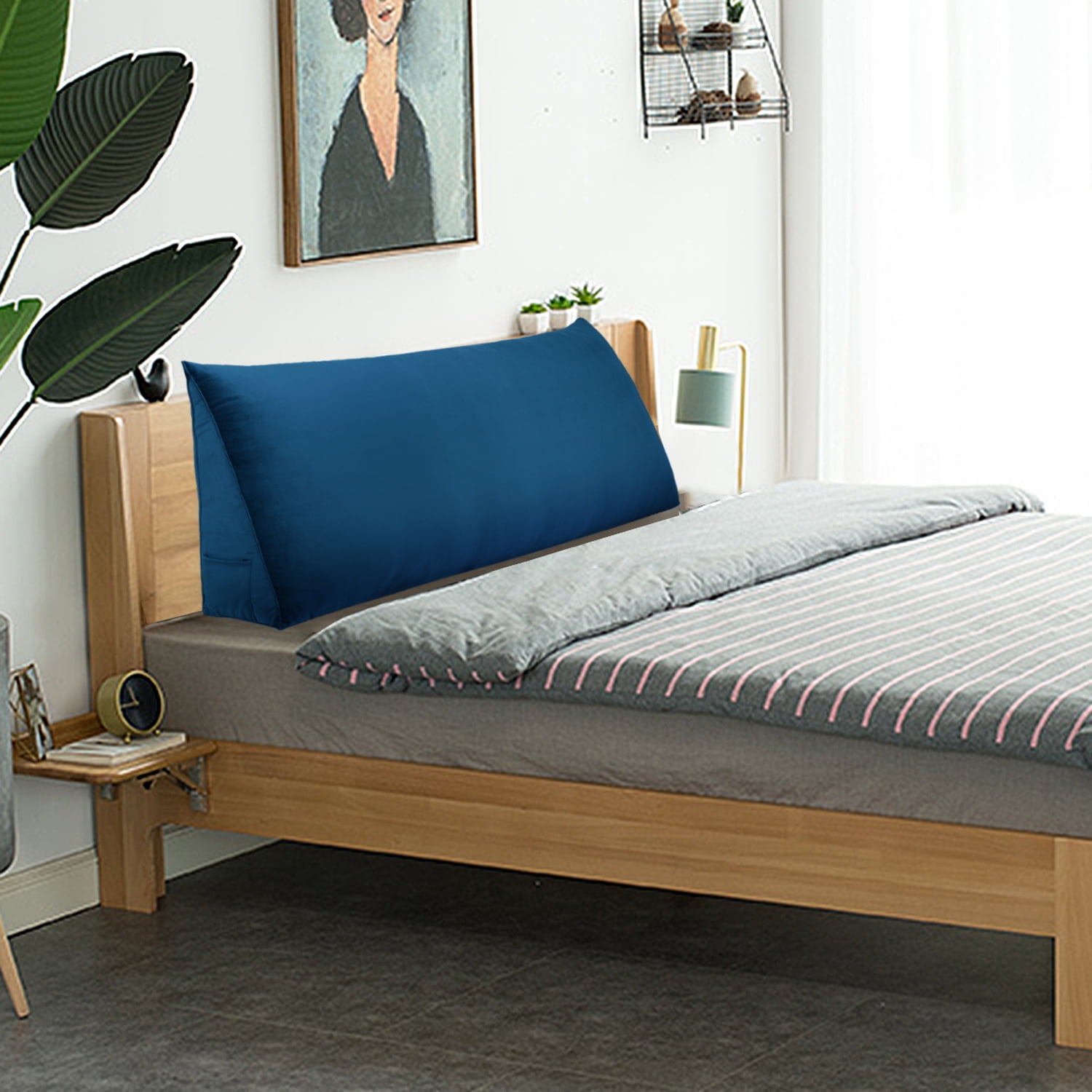 WOWMAX Large Reading Bed Wedge Pillow , Triangular Upholstered Headboard, Backrest Back Support for Sitting Up in Bed With Removable Velvet Deep Blue Cover, Queen
