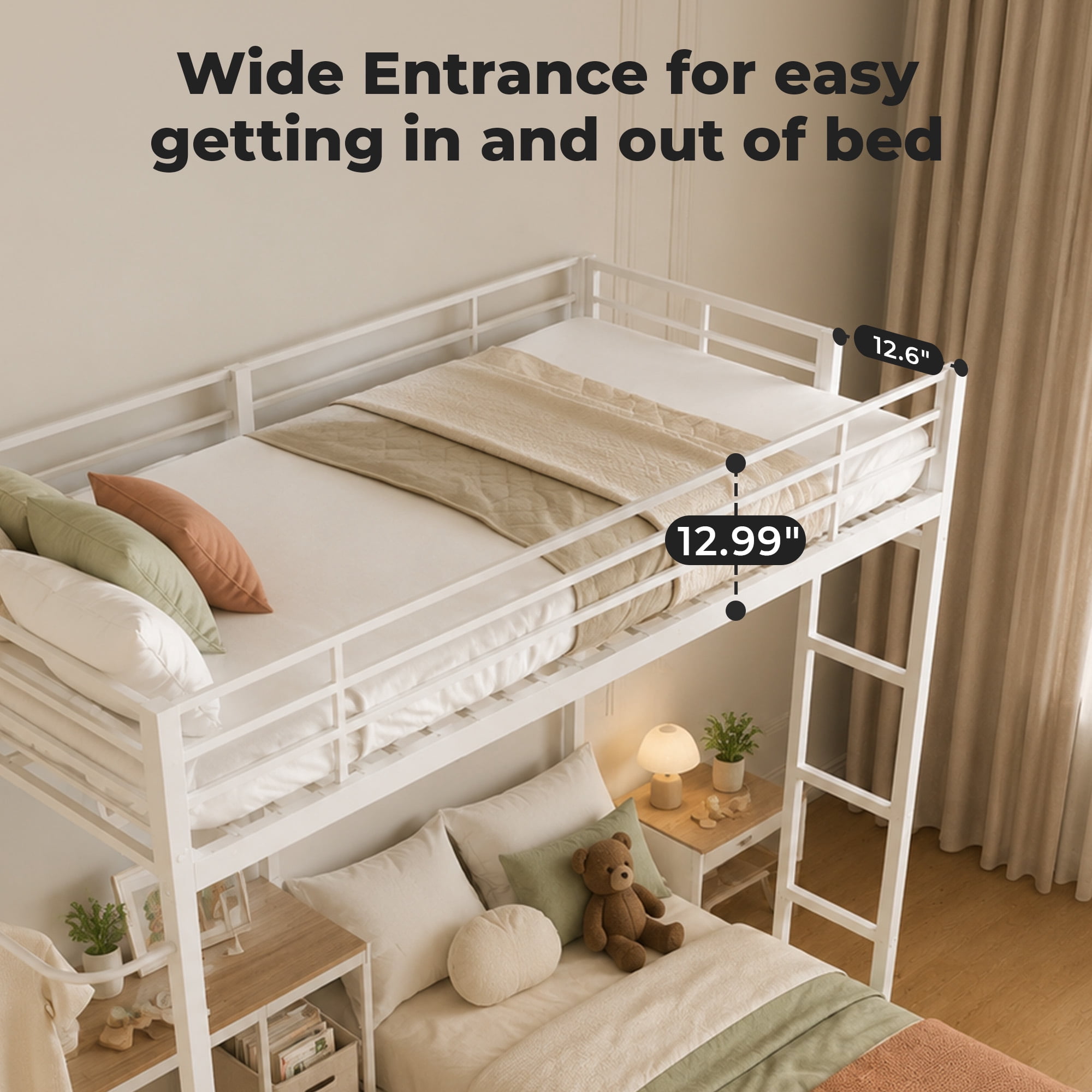 Alvantor Bunk Bed Twin over Twin for Kids, Metal Bunk Bed with Desk White