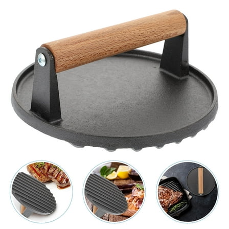 FRCOLOR Cast Iron Meat Press Board with Wooden Handle for Barbecue and Steak