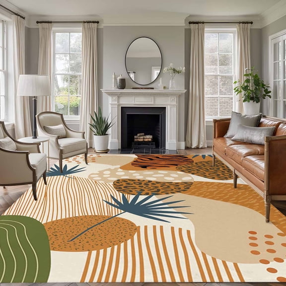 Abstract Tropical Boho Area Rugs 8'x10', Washable Small Throw Rugs for Living Room Patio, Vintage Animals Print Palm Indoor Outdoor Rug Non-Slip Low Pile Carpet Runner Reversible Floor Mats