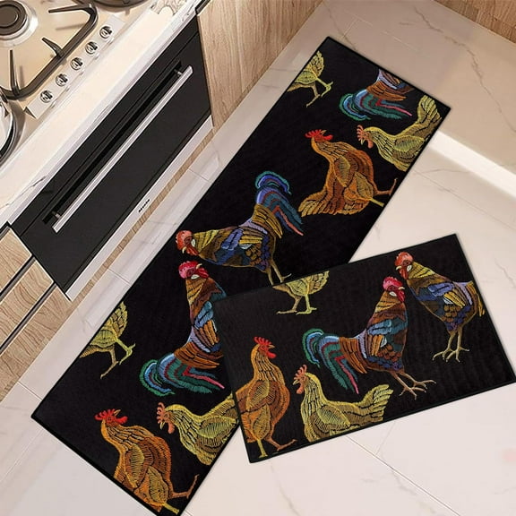 Rooster Kitchen Rugs and Mats Non Skid Washable Set of 2, Vintage Chicken Hen Kitchen Mats for Floor, Farmhouse Kitchen Runner Rug, Black Kitchen Decor
