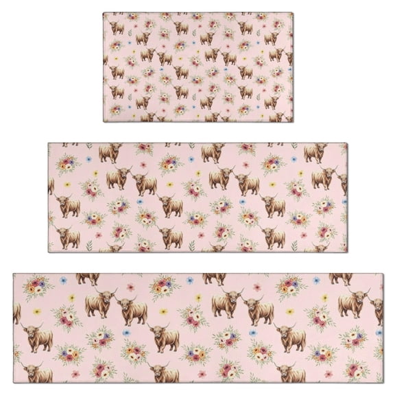 Pink Highland Cow Flower Pattern Kitchen Rugs Sets Of 3,Kitchen Runner Rugs Non Skid Washable,Decorative Kitchen Floor Mats for Kitchen,Sink,Laundry,17"x30" 17"x47" 17"x59"