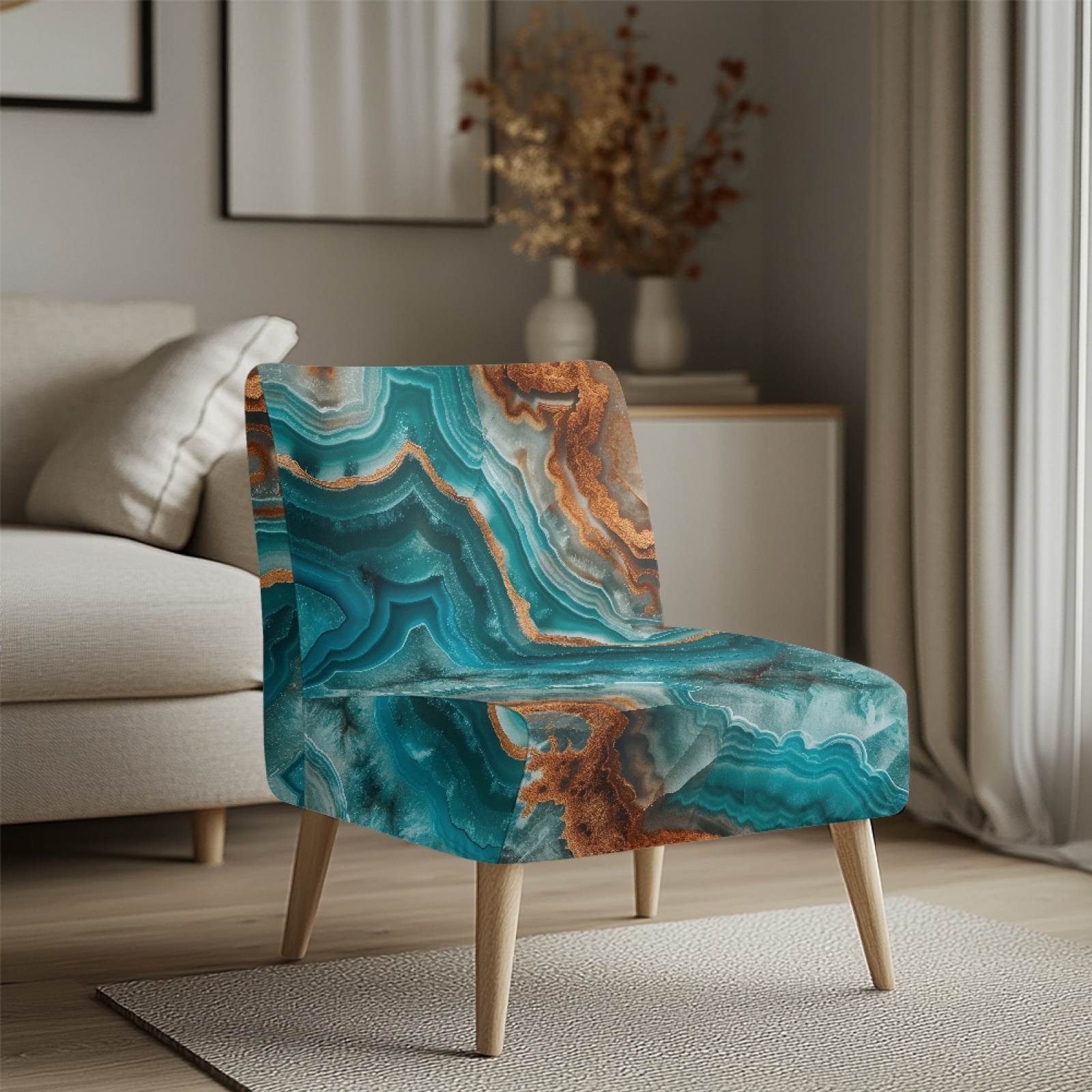 ZIATUBLES Small Armless Slipper Accent Chair Cover Slipcover Stretch Non-Slip Armless Couch Cover Washable Modern Sofa Furniture Protector Cover for Living Room, Blue Brown Marble