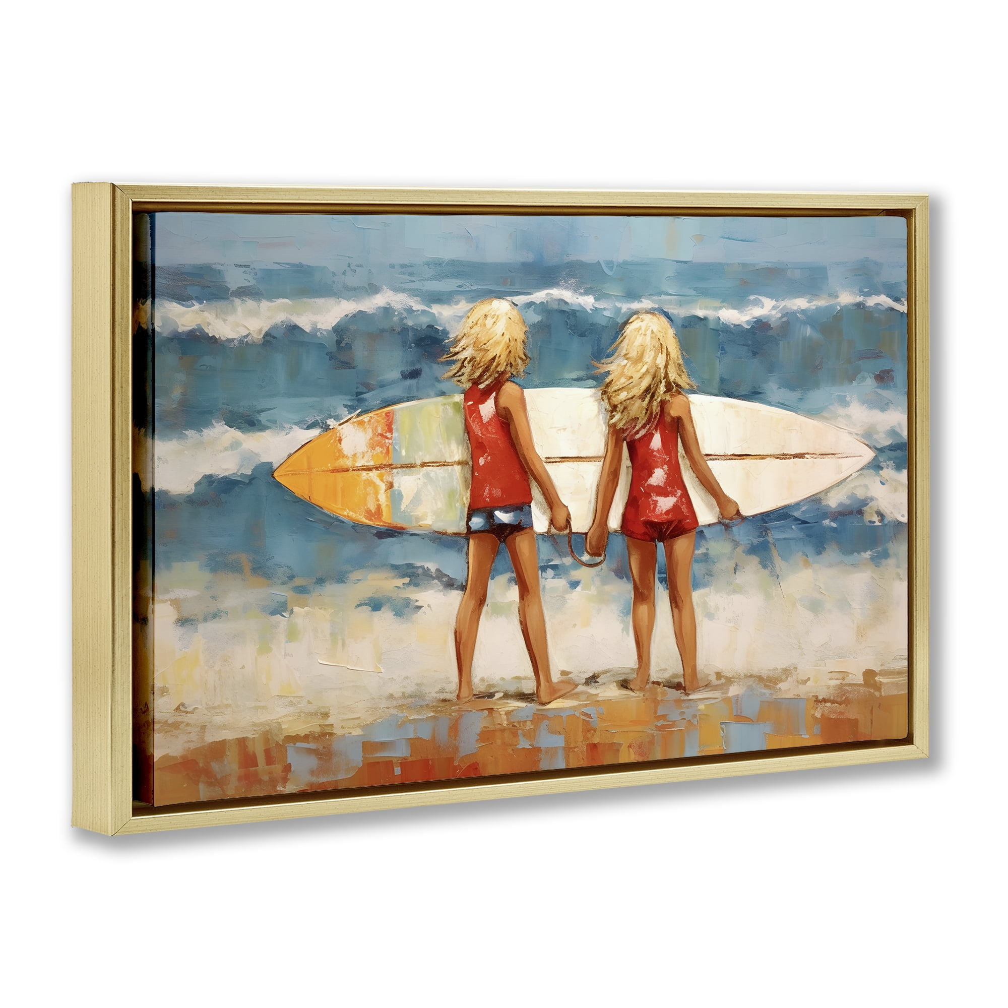 Stupell Industries Siblings with Surfboard People Painting Gold Floater Framed Canvas Art Print Wall Art, 31 x 21