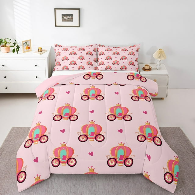 Erosebridal Princess Ensembles de Literie Carrosse Citrouille Simple avec Couette, Insert de Couette à Imprimé Cœur d'Amour Rouge, Rose, Réversible