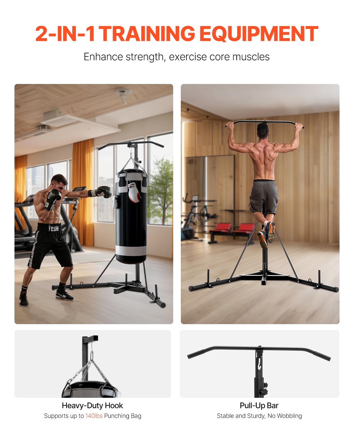 VEVOR 2 in 1 Punching Bag Stand, Steel Heavy Duty Workout Equipment, Adjustable Height Boxing Punching Bag Stand with Pull Up Bar,Freestanding Sandbag Rack,Holds Up to 140 lbs, for Home Gym Fitness