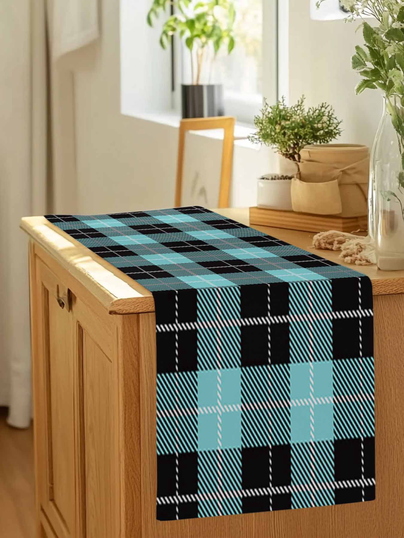 Tartan Plaid Buffalo Grid Pattern Table Runner 90 Inches Long, Teal and Black Table Runners Tabletop Scarf Kitchen Dining Tables Decoration for Home Party Indoor Outdoor