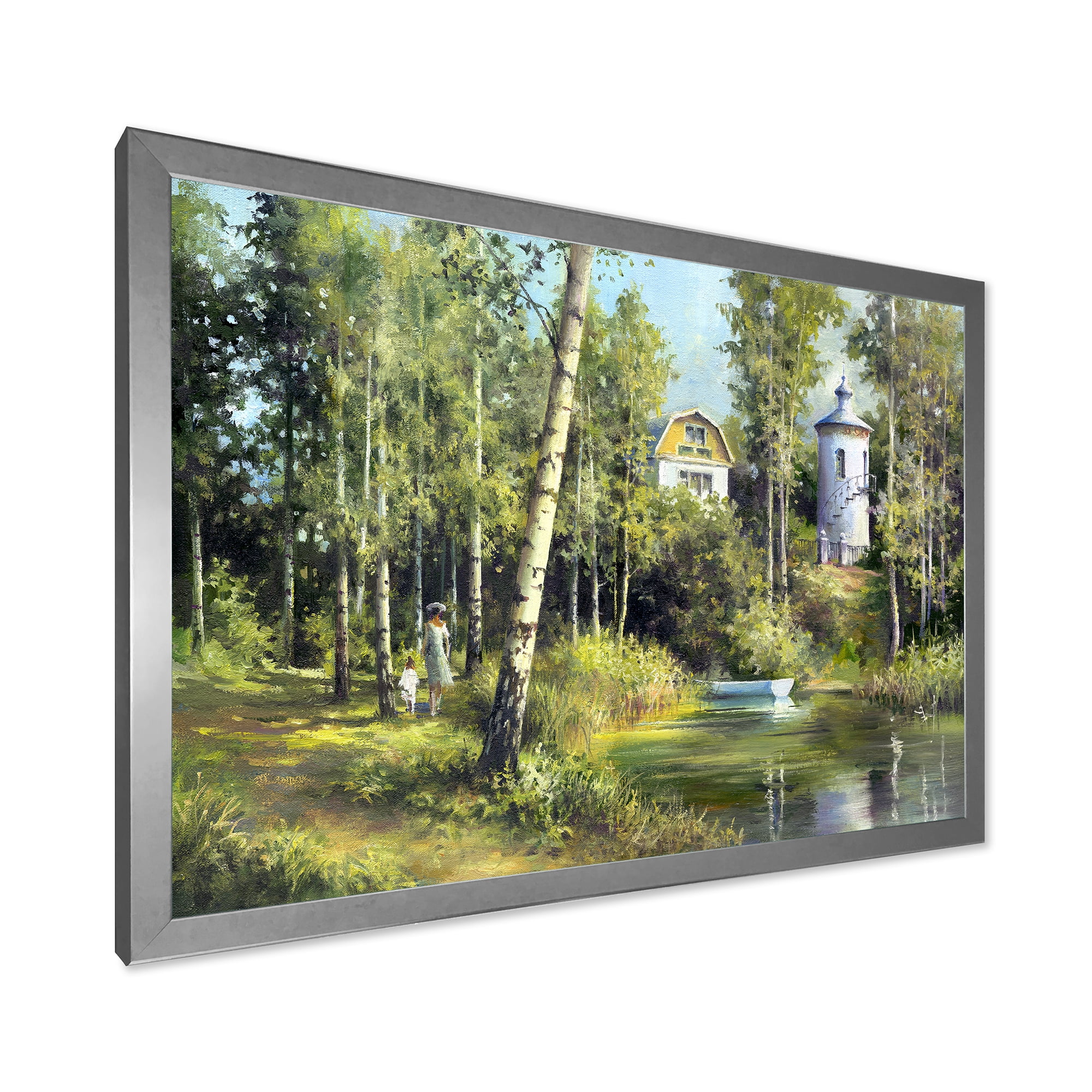 Designart 'The Wood River With Boat On A Decline By The Castle' Lake House Framed Art Print