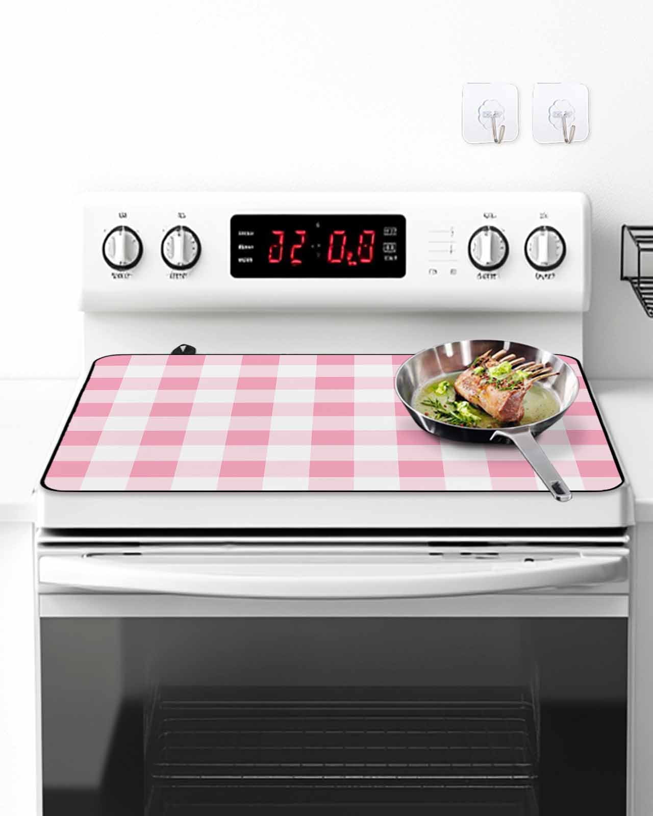 Stove Top Covers for Electric Stove, Pink Checkered Glass Stovetop Cover Protector, Pink White Buffalo Plaid Induction Cooktop Protector Oven Mat for Kitchen Countertop 24"x21"