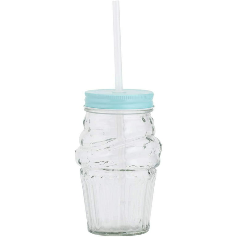 Amici Home Ice Cream Color Lid 16 oz Glass Mason Jars with Reusable Straws,  Set of 3,Green Lid