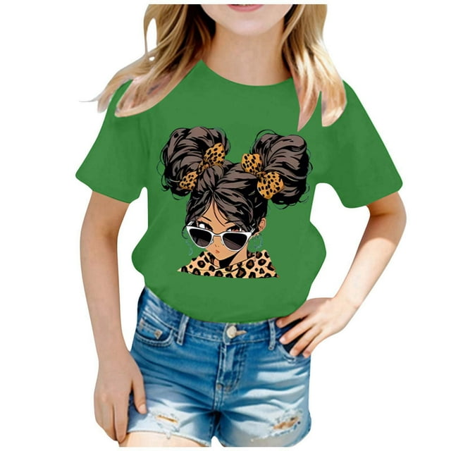 LUOGENLI T-Shirt pour Filles Enfant Filles Mignon Mode Imprimé Col Rond Ample Manche Courte Tee Été Décontracté T-Shirt Hauts Maxi Hauts Ensemble Été Vert 8-10 Ans