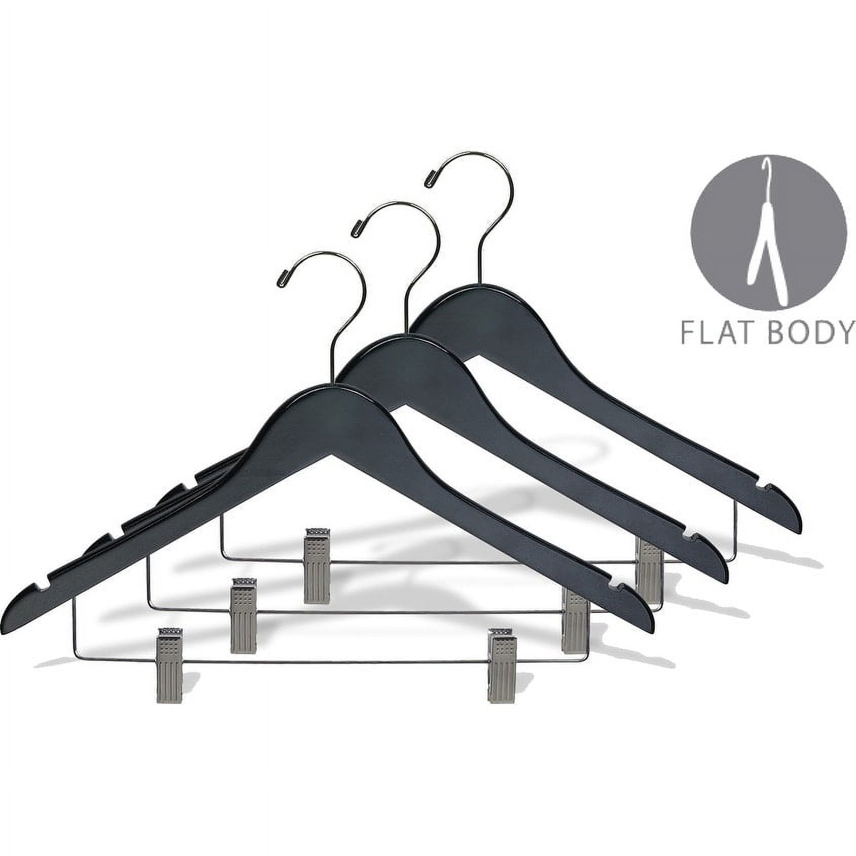 Black Wood Combo Hanger w/ Cushion Clips, Box of 100 Space Saving 17 Inch Flat Wooden Hangers w/ Chrome Swivel Hook & Notches for Shirt Jacket or Dress by International Hanger