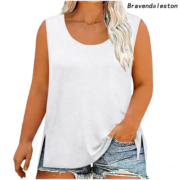 Bravendaleston Plus Size Womens Tank Top Side Slit Casual Summer Top Sleeveless Round Neck Loose Fit Everyday Wear Stretchy Blouses White