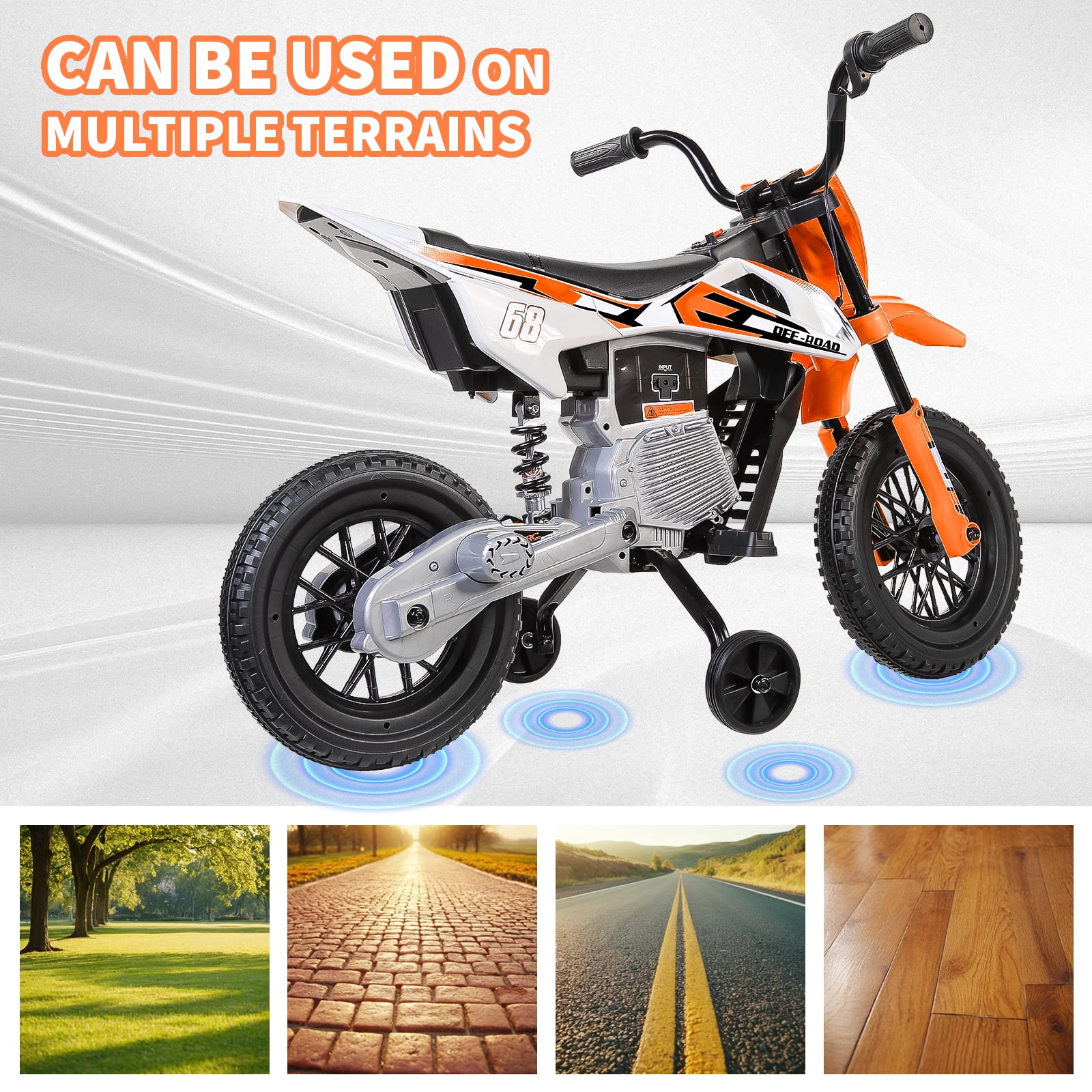 Funcid 12V Electric Dirt Bike with Twist Grip Throttle, Ride on Motorcycle with 2 Training Wheels, Suitable for Ages 3-8, Bluetooth, MP3, Dual Motors, Spring Suspension