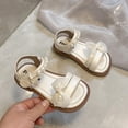thumbnail image 5 of Spazoro Girls' Strappy Platform Sandals, Open Toe Adjustable Hook and Loop Non-Slip Sole with Pearl Bow Casual Summer Shoes for Kids Beige, 5 of 8
