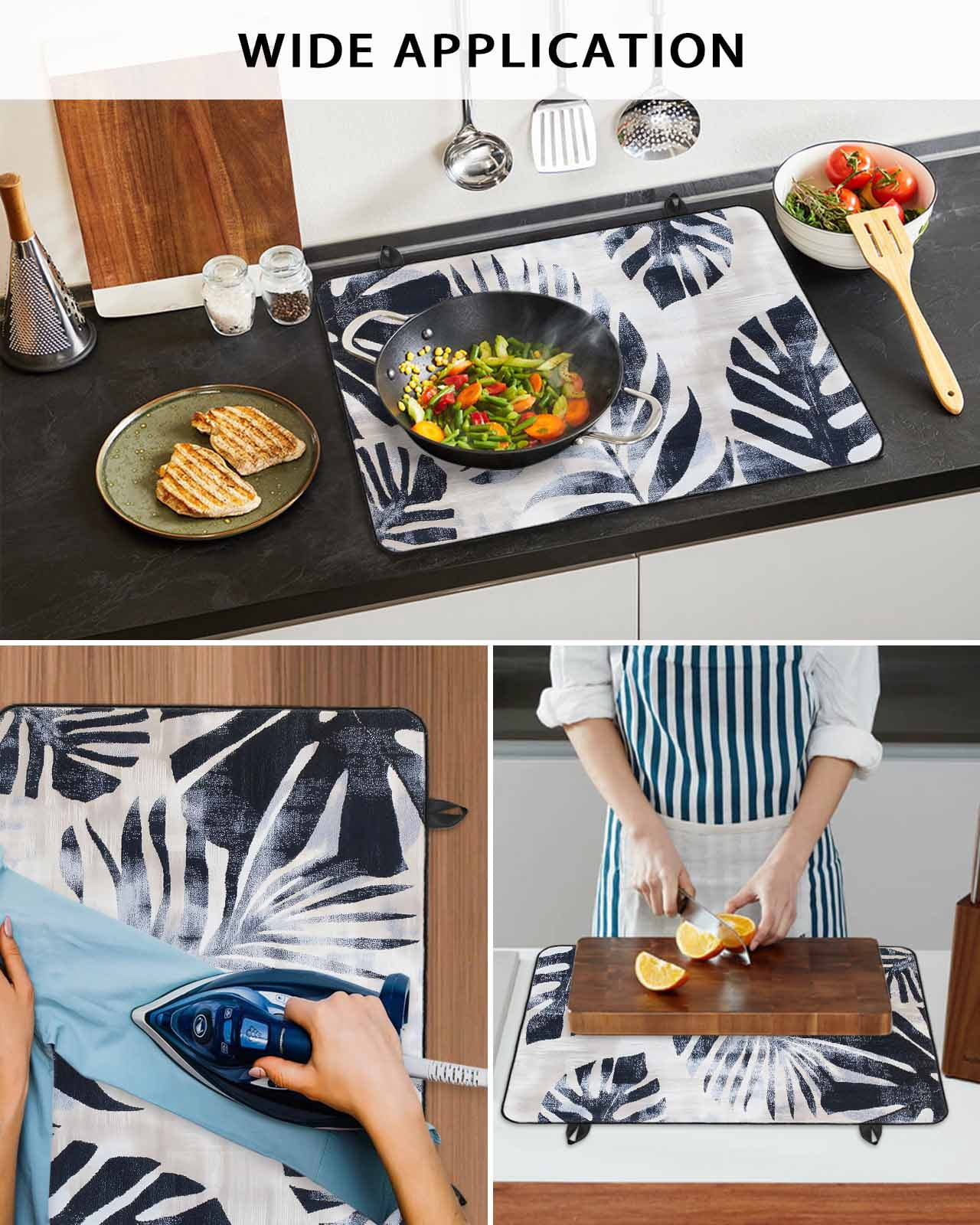 nqOlkjepod Large Induction Cooktop Protector Mat 36"x21", Navy Blue Palm Leaves Stove Top Covers for Electric Stove, Vintage Tropical Botanical Stove Burner Cover Mats, Glass Top Stove Cover