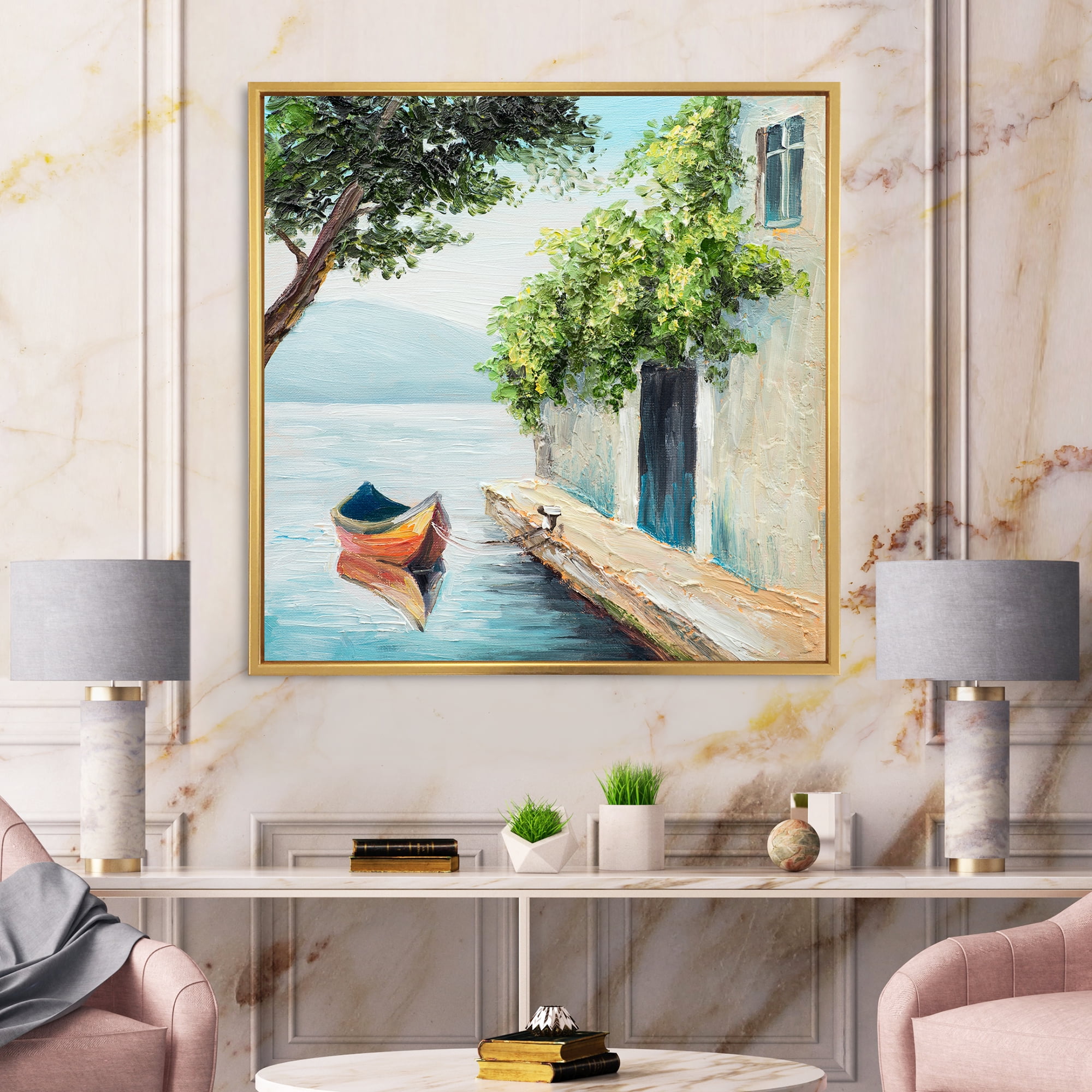 Designart 'A Beautiful Summer Day With Gondola In Venice' Nautical & Coastal Framed Canvas Wall Art Print