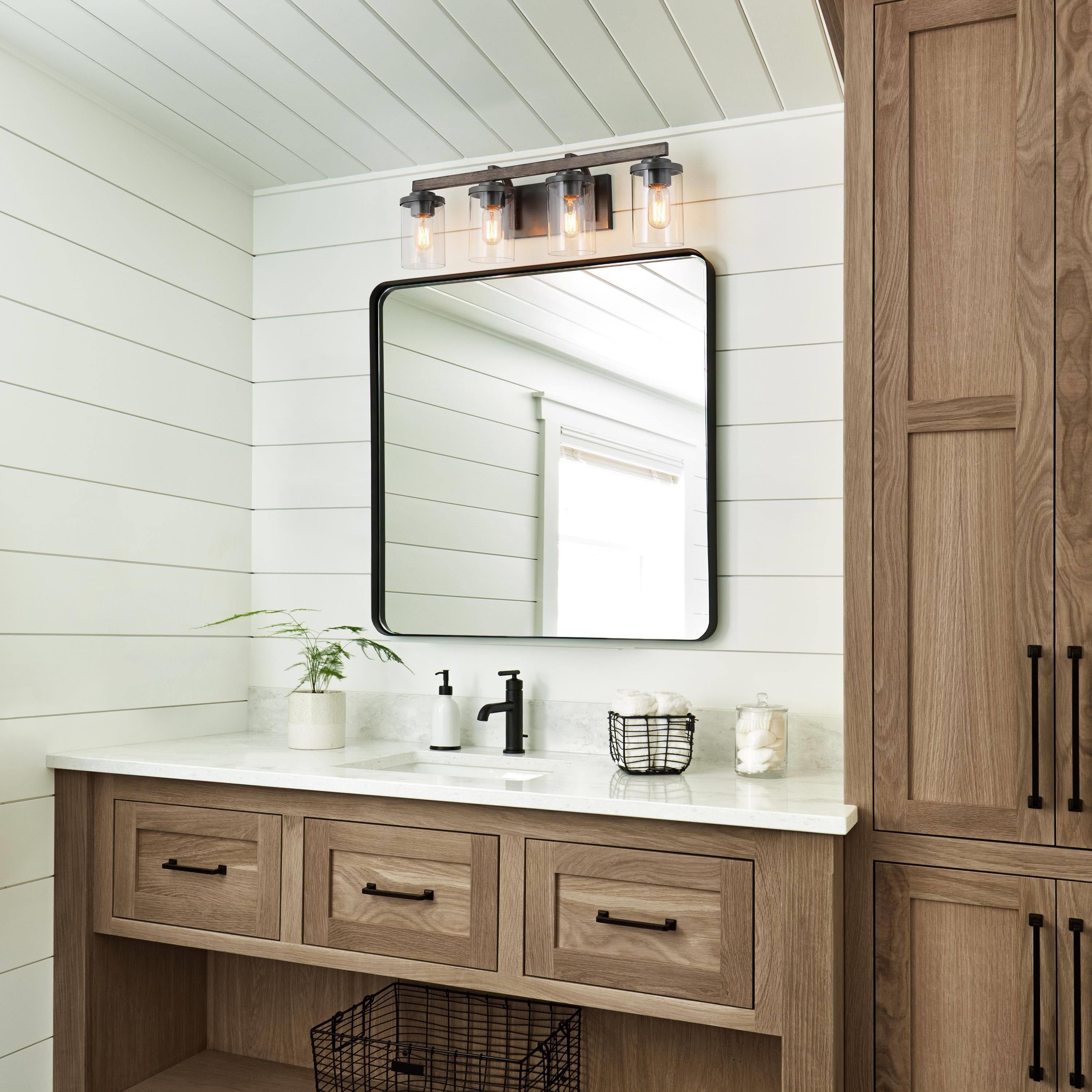 LNC 4-Light Black Cylinder Clear Glass Modern Farmhouse Wood Tone Bathroom Vanity Light