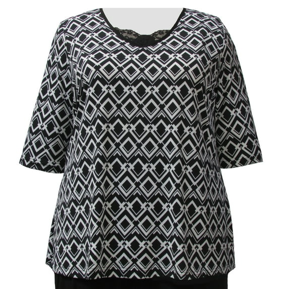 Viviana Women's Plus Size 3/4 Sleeve V-Neck Top - Black & White Diamond Links - 5X