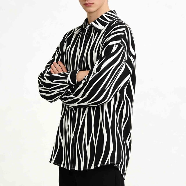 Ceisia Men's Oversize Zebra-Print Long-Sleeve Button-Down Shirt for Casual Spring/Summer Gift