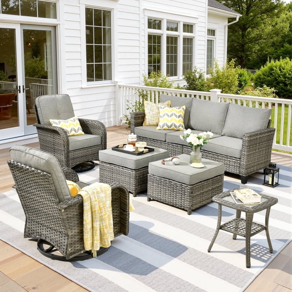 Ovios 6 Pieces Outdoor Patio Furniture Set All-Weather Wicker Rattan Sectional Sofa with Swivel Chairs Ottomans Side Table