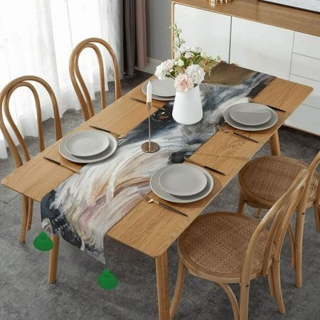 

Schnauzer Art Painting Table Runner Imitation Linen Table Runner With Green Tassels For Party And Dining Room 14 x 60