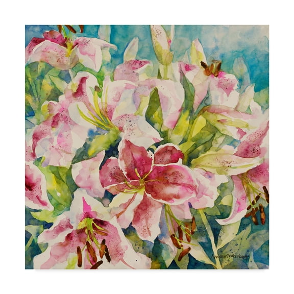 Trademark Fine Art 'Pink Lilies On Blue' Canvas Art by Annelein Beukenkamp
