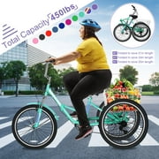Lilypelle 24 Adult Tricycle Folding Tricycle 3 Wheel Bikes 7 Speed Trikes with Shopping Basket for Seniors Adult,Cyan
