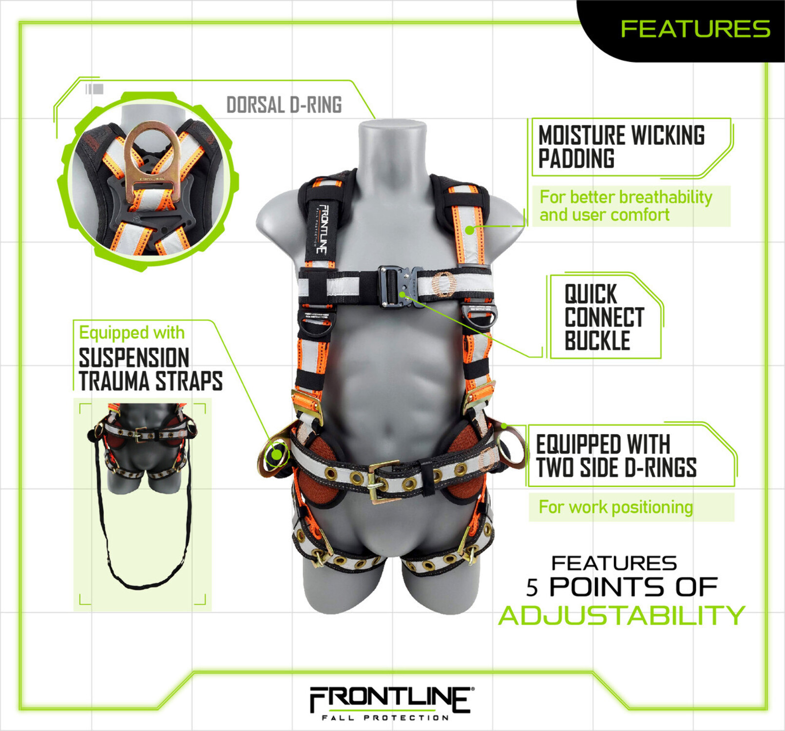 Frontline Fall Protection 100RCTB Combat Reflective Construction Full Body Harness with Tongue Buckle Legs and Trauma Straps | 5 Points of Adjustability | Positioning Belt | OSHA & ANSI Comp