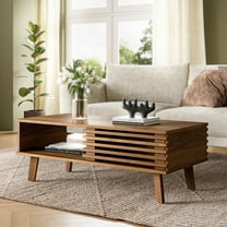 FURNIWAY Coffee Table, Mid-Century Modern Table with Open Storage Shelf, Fluted Wood Coffee Table for Living Room, Walnut