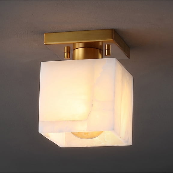 JONATHAN Y Alessia 5" 1-Light Modern Contemporary Alabaster/Iron Cube LED Semi Flush Mount, White Marbling/Brass Gold