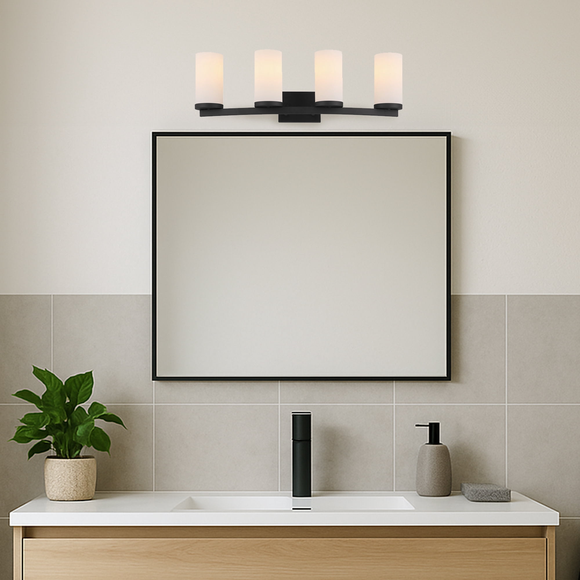Breckham 4-Light Vanity Light in Black, 30.0 in Curved Bar with Frosted Glass