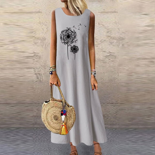 Fankiway Robes de Mode pour Femmes Été Décontracté Col Rond Sans Manches avec Poches Vacances Plage Longue Robe Robes d'Été pour Femmes Robes Sans Manches pour Femmes Grande Taille