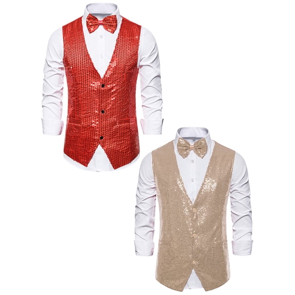 NOMADIC NOOK Men's Shiny Sequin Waistcoat Sleeveless Sparkle Suit Vest with Bow Tie 2 Pack