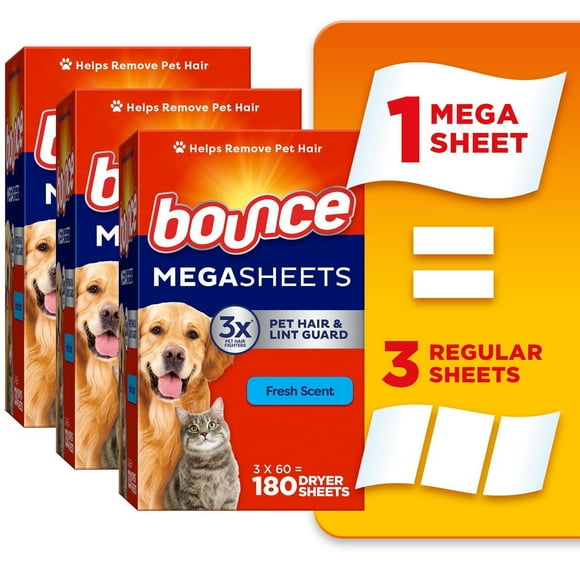 Bounce Pet Hair and Lint Guard Mega Dryer Sheets with 3X Pet Hair Fighters, Fresh Scent, 180CT
