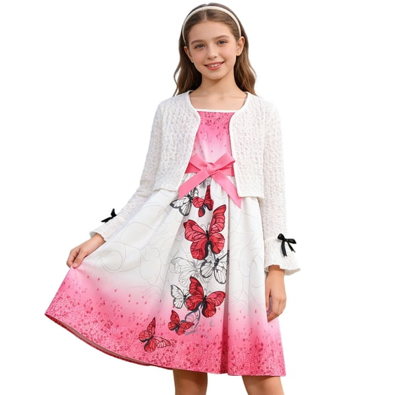 Tiijoy Girls Elegant Outfits Butterfly Print Dress and Gradient Coat Set, Sizes 5-14