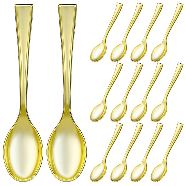 24 piezas de plástico desechables de oro mini cuchara conjunto de plástico imitar cubiertos de metal para picnic de fiesta de barbacoa Grupo frontal de 24 cucharas mini doradas de plástico con acabado brillante, mango recto y cuenco ovalado; tamaño aprox. 9.8 x 2 x 1 cm, adecuadas para bodas, cumpleaños, picnic o para llevar en la lonchera.