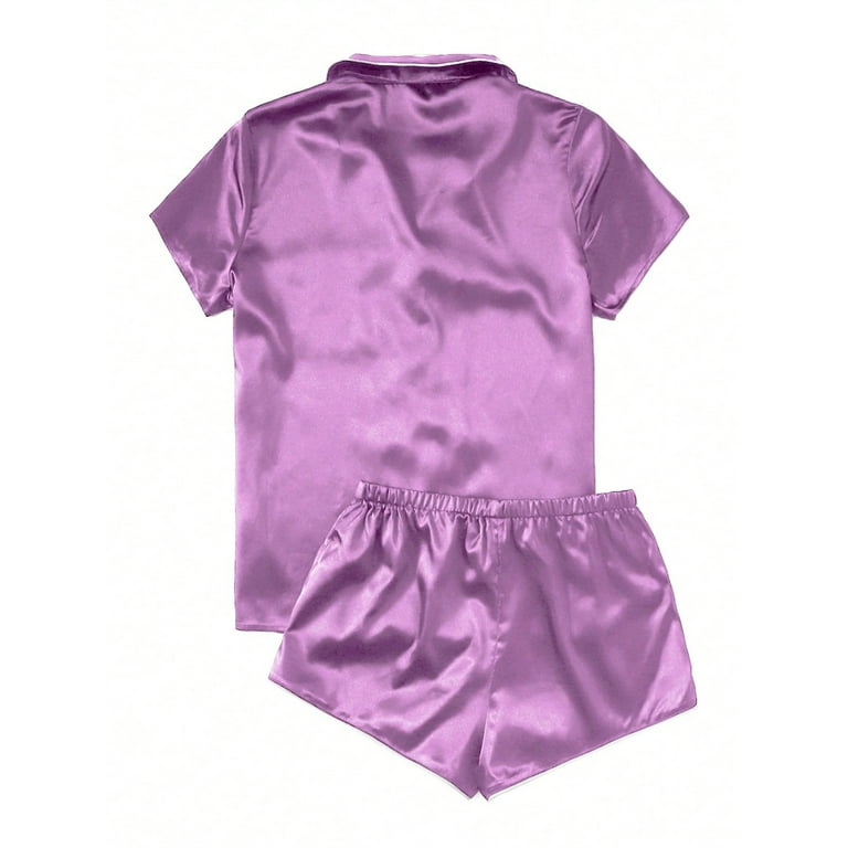fnnxeal Womens Pajama 2 Piece Set Casual Silk Sleepwear Shorts Sleeve Top and Shorts Loungewear Purple 4 Walmart