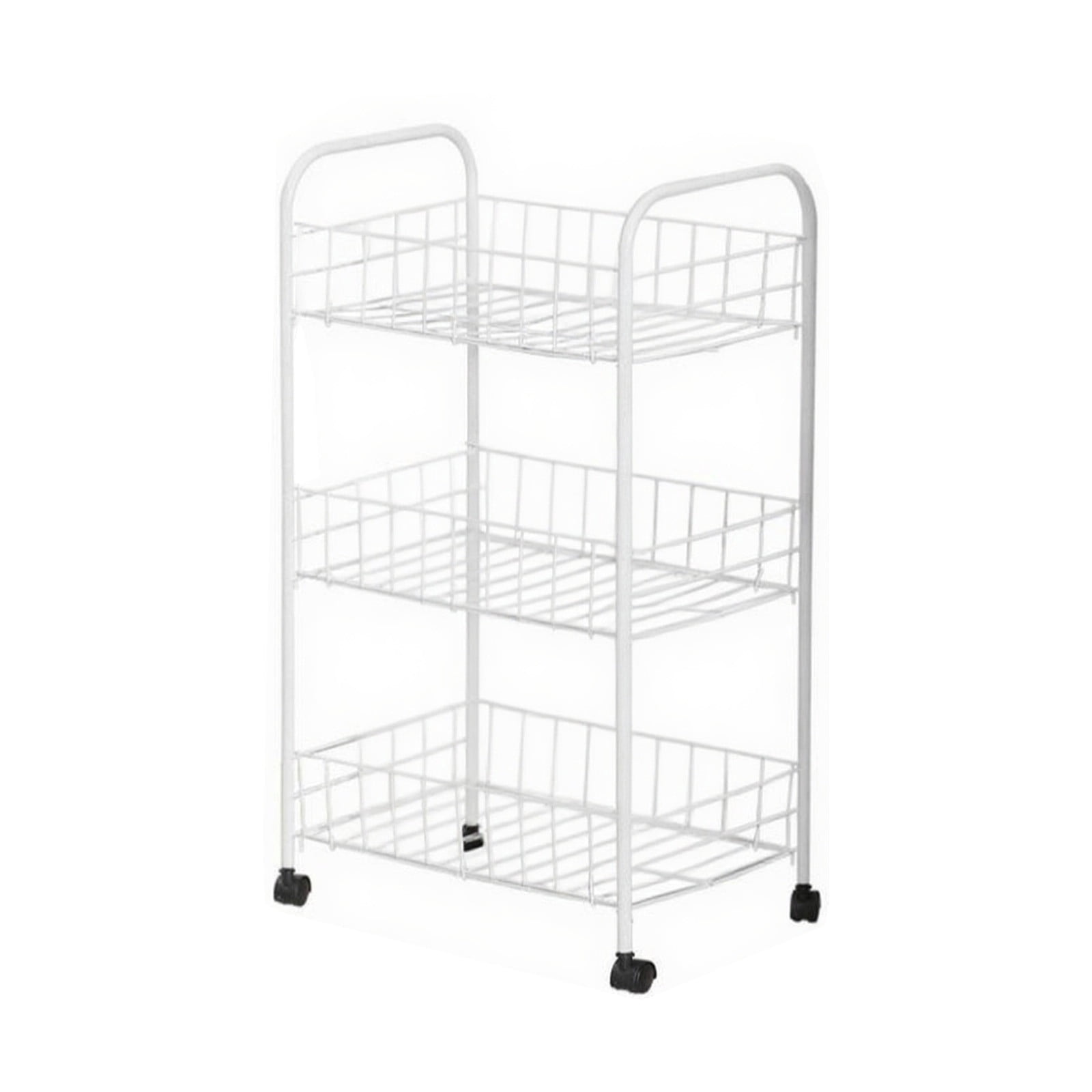 White Metal Three-tier Cart for Household Kitchen Spices Fruit Vegetables Compartmentalized Storage, 24.8x14.17x9.45in Iron Storage Basket with Removable Shelves and 360 Swivel Wheels