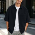 thumbnail image 2 of Tisuna Mens Button Down Shirts Short Sleeve Cotton Loose Fit Summer T-Shirts Mens Classic Collared Casual Shirts With Pocket For Everyday Wear Black Size L, 2 of 5