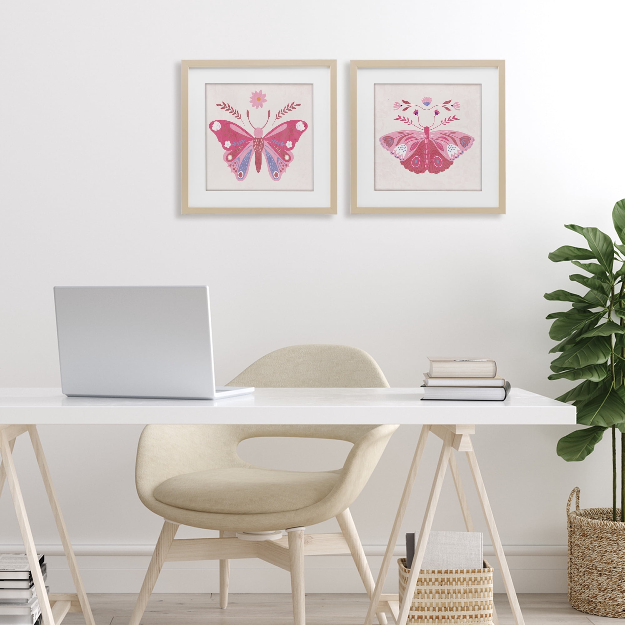 Stupell Industries Pink Folk Butterflies 2 Piece Birch Framed Print Under Glass Set, design by Kim Allen