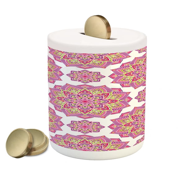 Purple Mandala Piggy Bank, Shabby Form Lotus Flower Style Essence Pattern, Ceramic Coin Bank Money Box for Cash Saving, 3.6" X 3.2", Lime Green Fuchsia, by Ambesonne