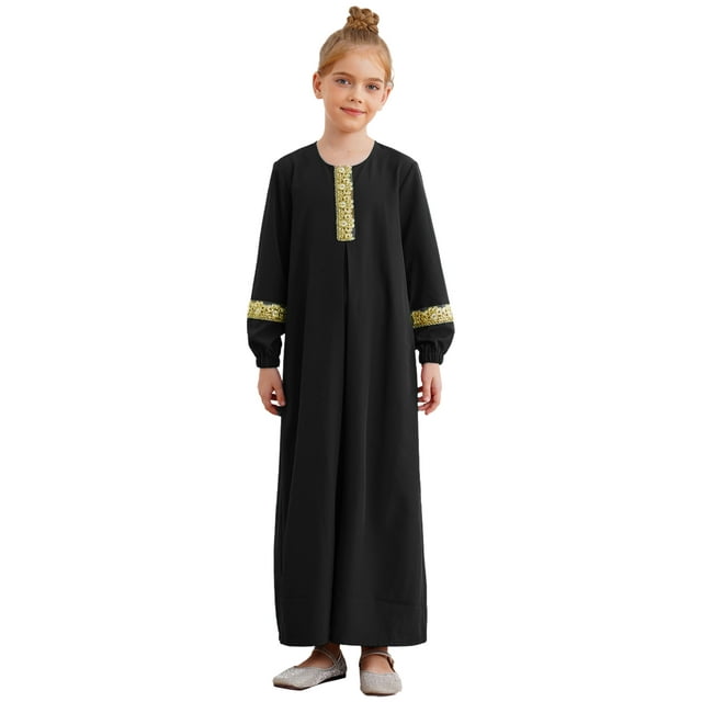 Jhaoyu Robes Musulmanes pour Filles Enfants Abaya Col Rond Manches Longues Robe Maxi pour Fête Thème Ramadan Mascarade Noir 6