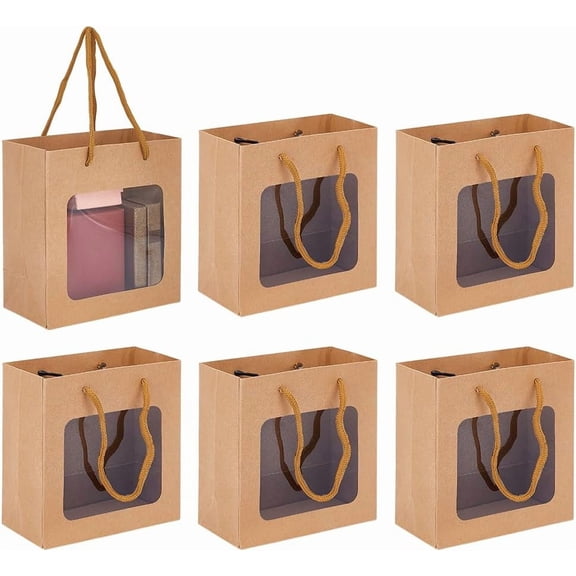 6 Pcs Brown Gift Bags with Transparent Window 5.8x5.5x0.1 inch Paper Bags with Handles Paper Craft Bag for Present Wedding