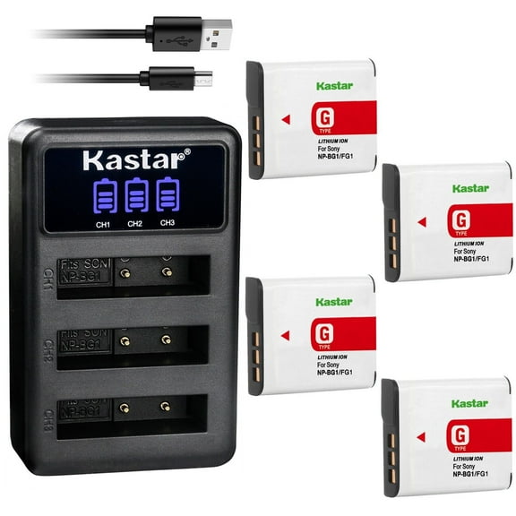 Kastar 4 Pack NP-BG1 Battery and LCD Triple USB Charger Compatible with Sony DSC-W130, DSC-W150, DSC-W170, DSC-W200, DSC-W210, DSC-W215, DSC-W220, DSC-W230, DSC-W270, DSC-W275 Digital Camera